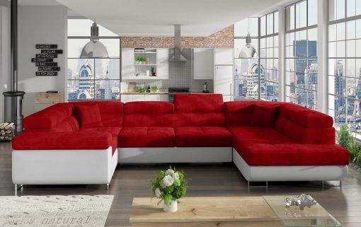 Sofá en U moderno (2 chaiselongs) con cama y arcón - Coventry. Esquina lado izquierdo. Tela rojo (Grosso 30-2) - Polipiel blanca (Soft 17)