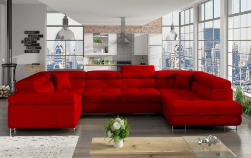 Sofá en U moderno (2 chaiselongs) con cama y arcón - Coventry. Esquina lado izquierdo. Tela rojo (Grosso 30-2), todo el sofá