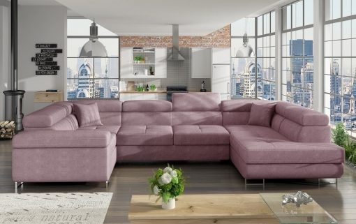 Sofá en U moderno (2 chaiselongs) con cama y arcón - Coventry. Esquina lado izquierdo. Todo tela rosa (Soro 61)