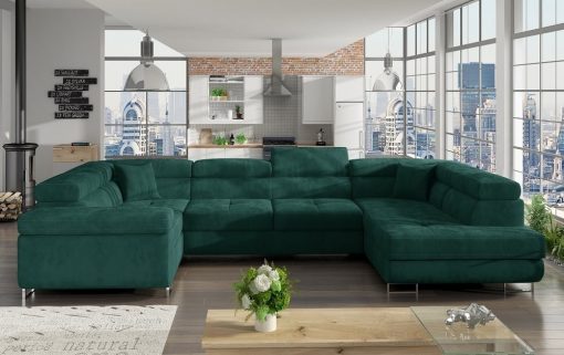 Sofá en U moderno (2 chaiselongs) con cama y arcón - Coventry. Esquina lado izquierdo. Todo tela, verde (Kronos 19)